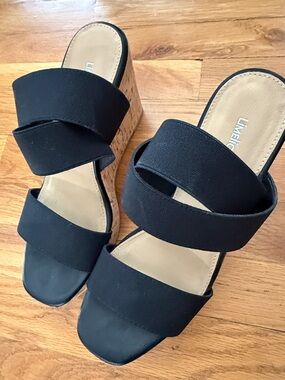 Limelight Black Double-Band Cork Wedge Sandals